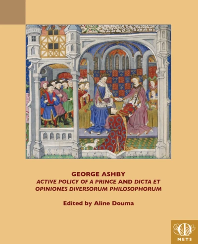 Centered in the cover is a manuscript image of a man presenting a manuscript to King Henry VI and Queen Margaret of Anjou, both of whom are seated, wearing a crown, and holding a scepter, on the right-hand side of the image. To their left is a group of courtiers witnessing the presentation. The scene is surrounded by an architectural frame. Along the cover’s bottom is its title and editor. The METS logo in the bottom right corner is a rounded capital M surrounded by two leaves.
